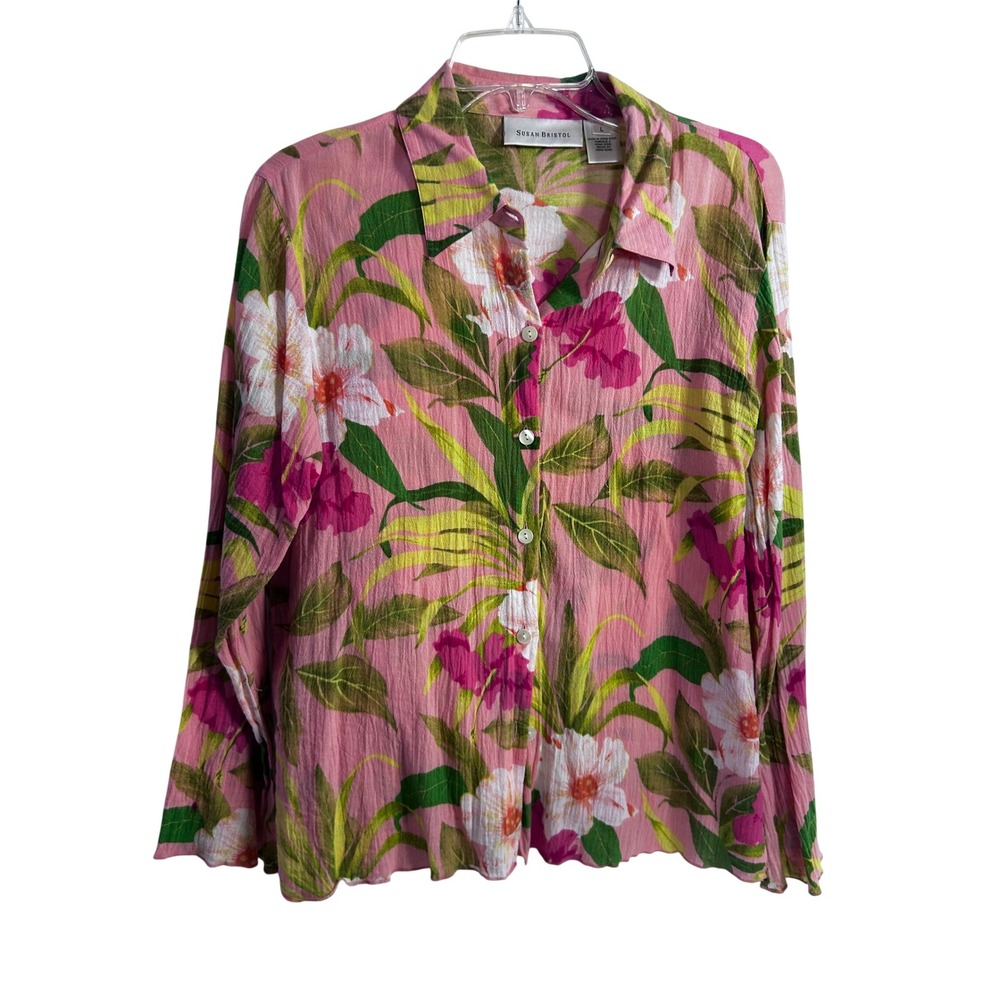 Susan Bristol Button Up Shirt L Pink Tropical Floral Cotton Gauze Womens